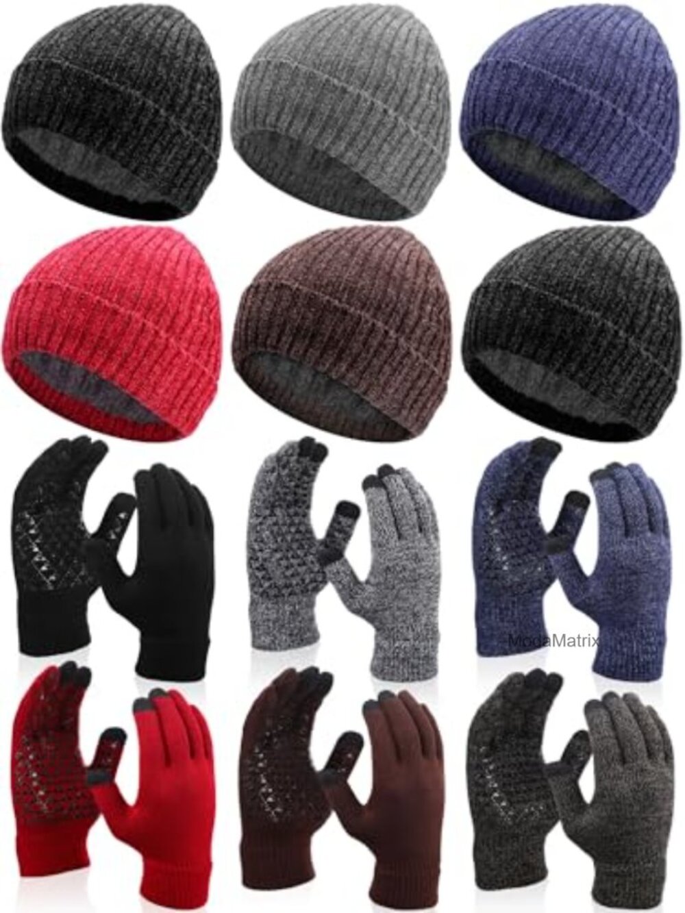 12 Pc Winter Knit Beanie & Touchscreen Gloves Set for Men Women Acrylic Fleece